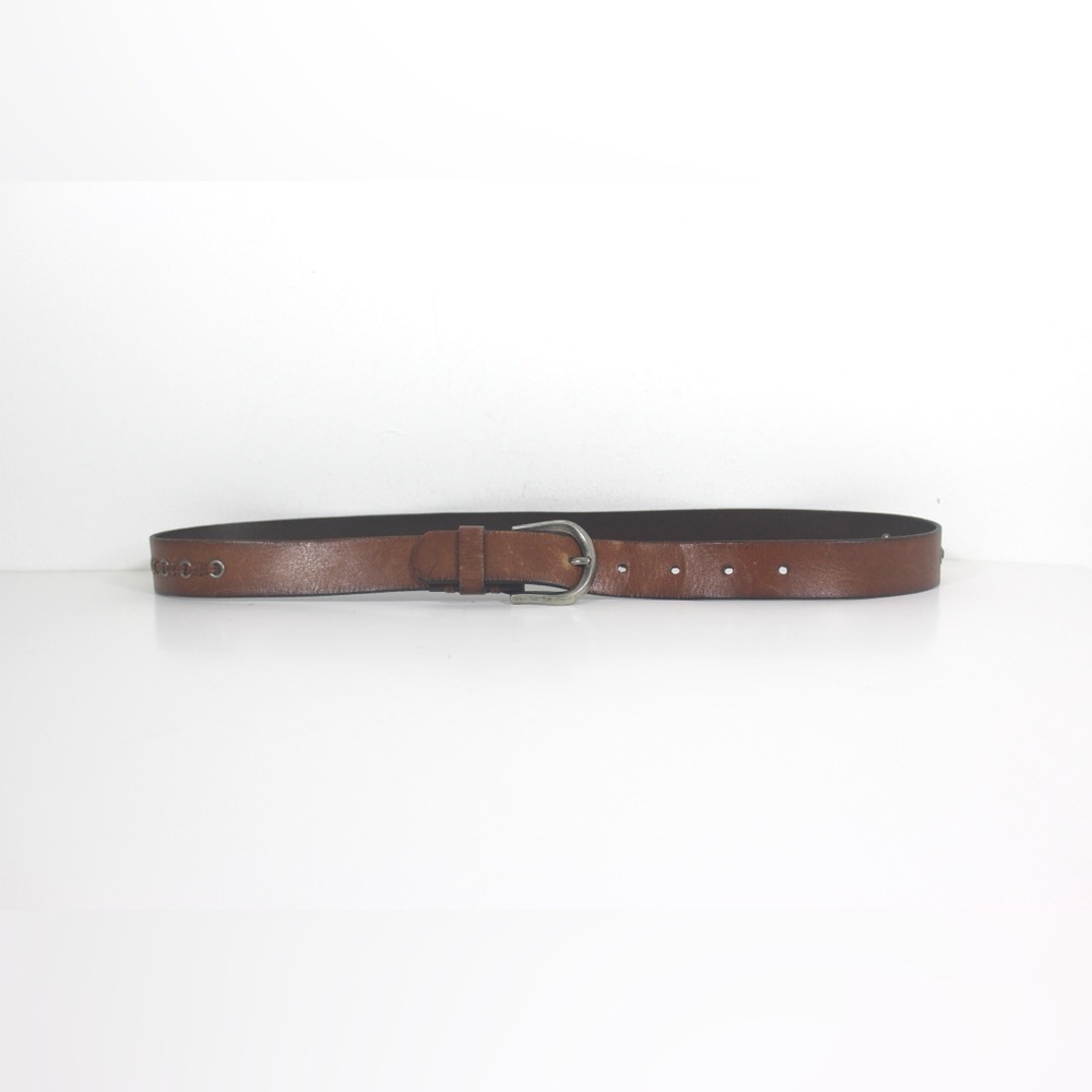 Cognac Brown Rustic Leather Belt with Silver Buckle and Topstitching Distressed